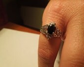 Vintage Silver Ring with Dark Black Semi Translucent Gemstone, Size 5, Stamped