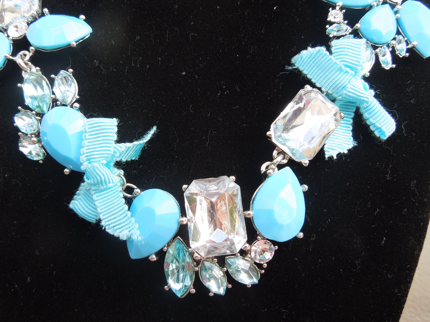 Vintage Necklace and Earrings Set.  Silver Tone, Large Blue Rhinestones, Blue Beads, Blue Ribbons