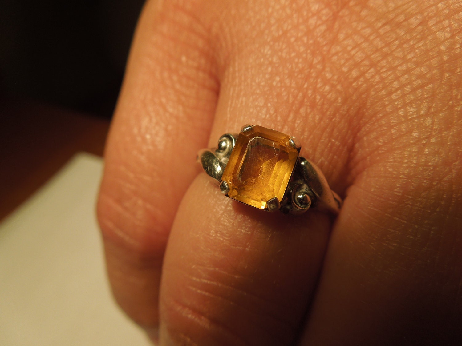 Vintage Sterling Ring with Yellow Orange Color Stone, Size 6.5, Stamped