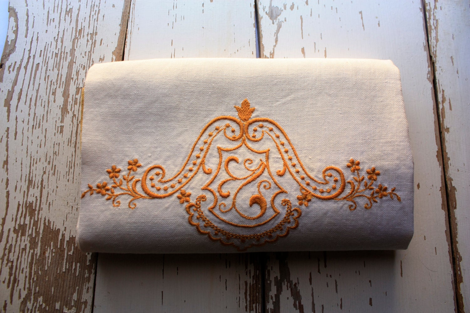 White and Mustard Yellow Vintage Embroidered Linen Bath Towel