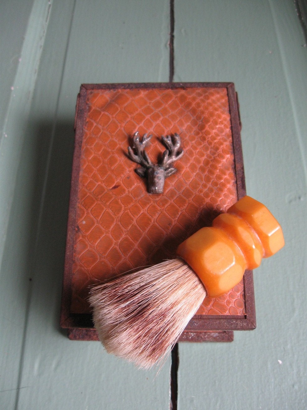 Vintage 1930s Shaving Kit with Brush and Dish Container- Deer and Faux Leather