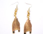 brass  Satanic devils horn hand sign earrings with black nail polish