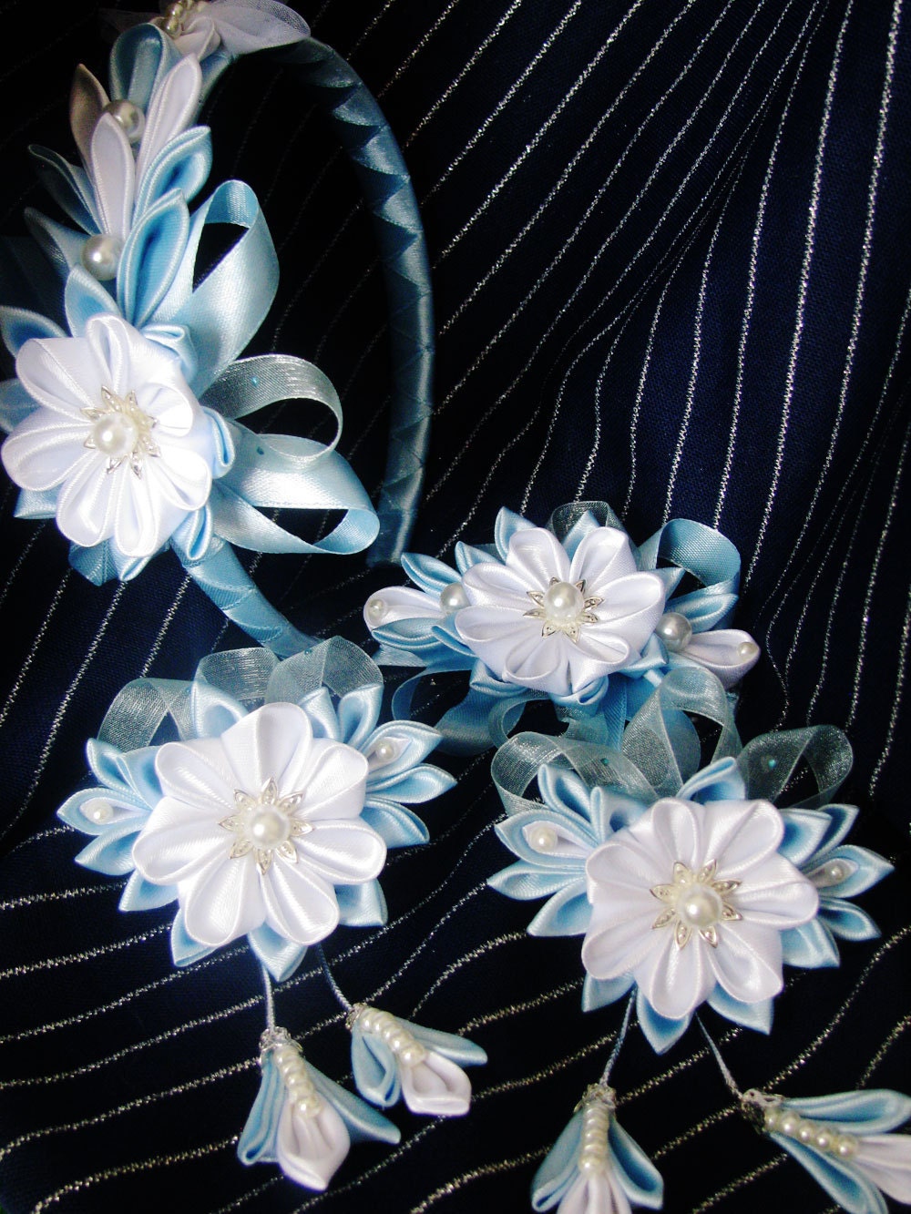 A set of hair accessories in Japanese style Kanzashi. Headband, barrette and scrunchy