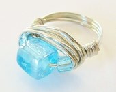 Aqua Blue Glass Beaded Silver Wire Wrapped Ring - wire wrap jewelry, gifts under 20, custom sizes up to 13, handmade