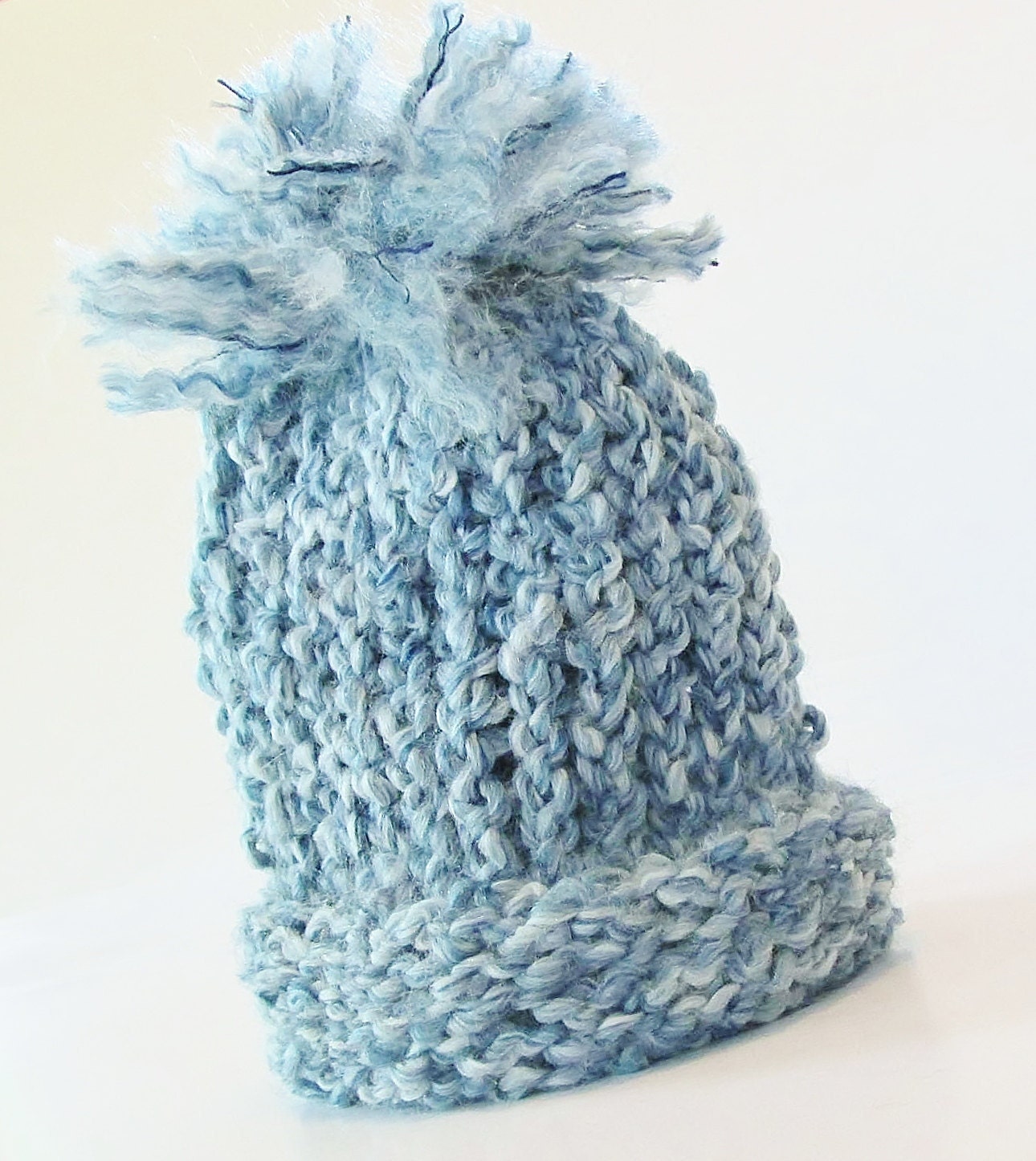 SALE Blue Knitted Baby Boy Newborn Pom Pom Hat - perfect photo prop
