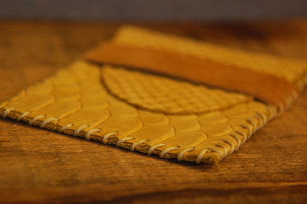 Hand Sewn Leather Card Wallet - Embossed Yellow & Tan