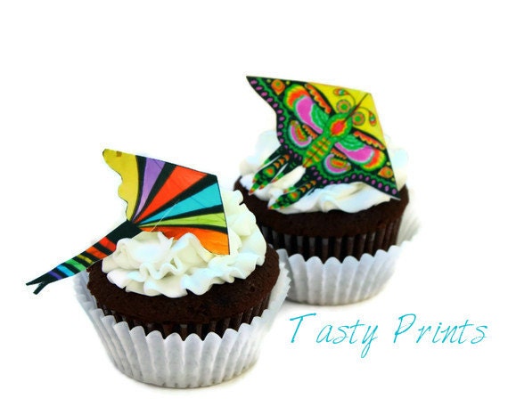 12 EDIBLE Colorful Kites - Edible Cupcake topper - Cake decoration