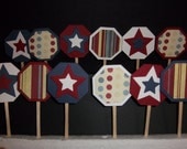 Patriotic 4th of July cupcake topper set of 12 deep blue red glitter and matte decorative barbecue parties