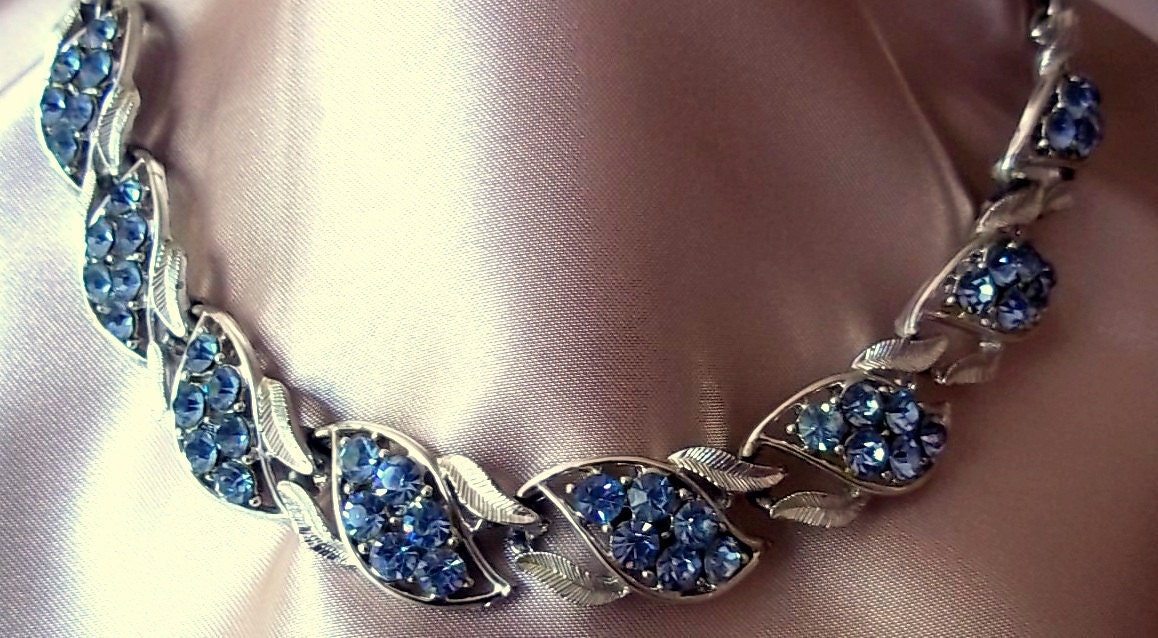 Vintage Necklace Silver and Blue Rhinestone