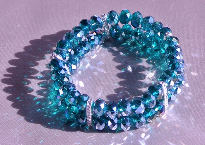 Teal Crystal Stretch Bracelet, Silver Rhinestone Accents