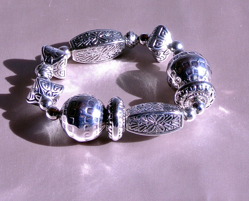 Handmade Chunky Silver Bali Bracelet on Stretch Cord