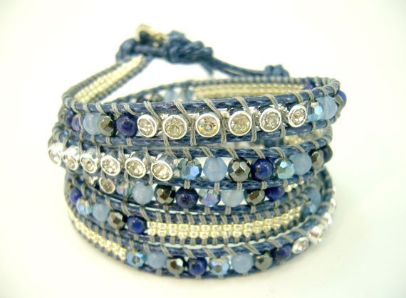 Lapis,hematite,crystal,cz wrapped leather bracelet.