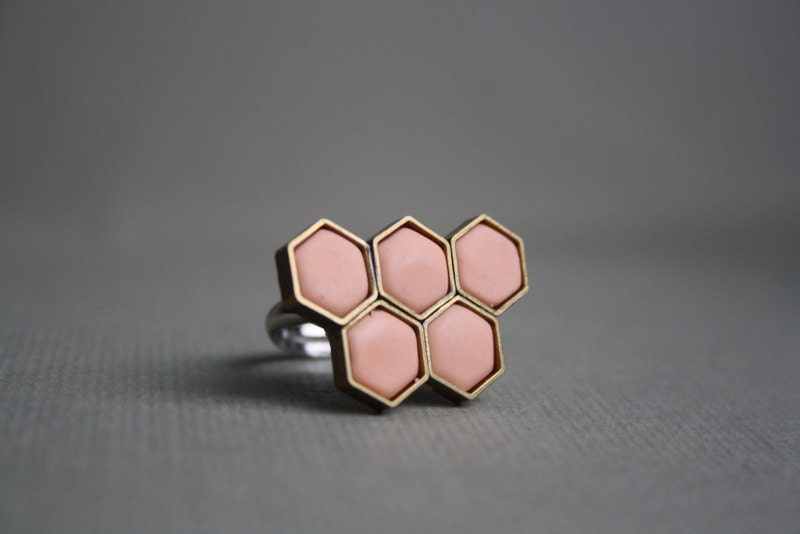 Peach hexagonal ring - Romantic honey comb on an adjustable ring base