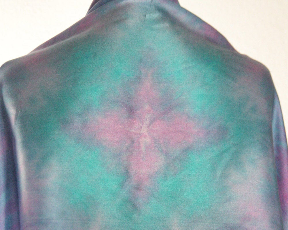 Silk Satin Shawl Purple, Turquoise, and Cerulean Blue, Hand Dyed,  22 X 90, Ready to Ship