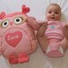 Organic baby toy owl stuffed - Personalized Owl Pillow - Sweet Heart Owl Baby Shower - salmon colour, flowery, striped - HET -