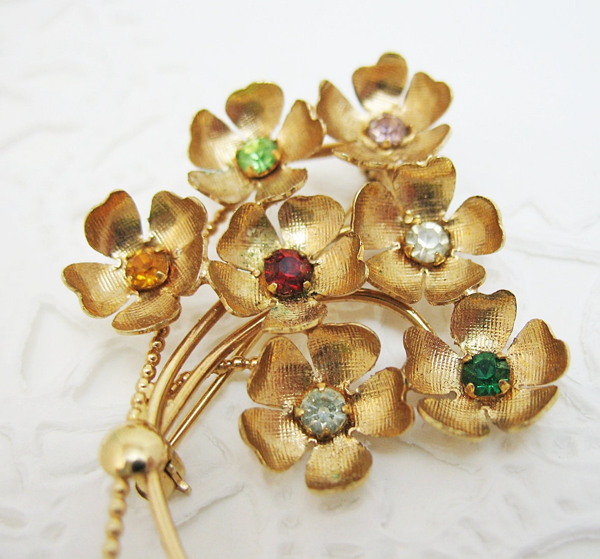 Tiny Cupped Flowers Gold tone brooch pin Signed possibly G 12k Gold Filled