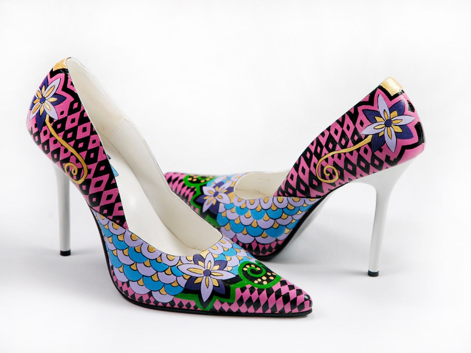 Hand Painted Shoes- Multicolour lady painted heels