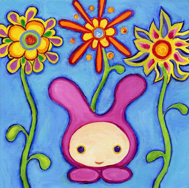 Bunny & Flower Fine Art Print - 12 x 12 in.