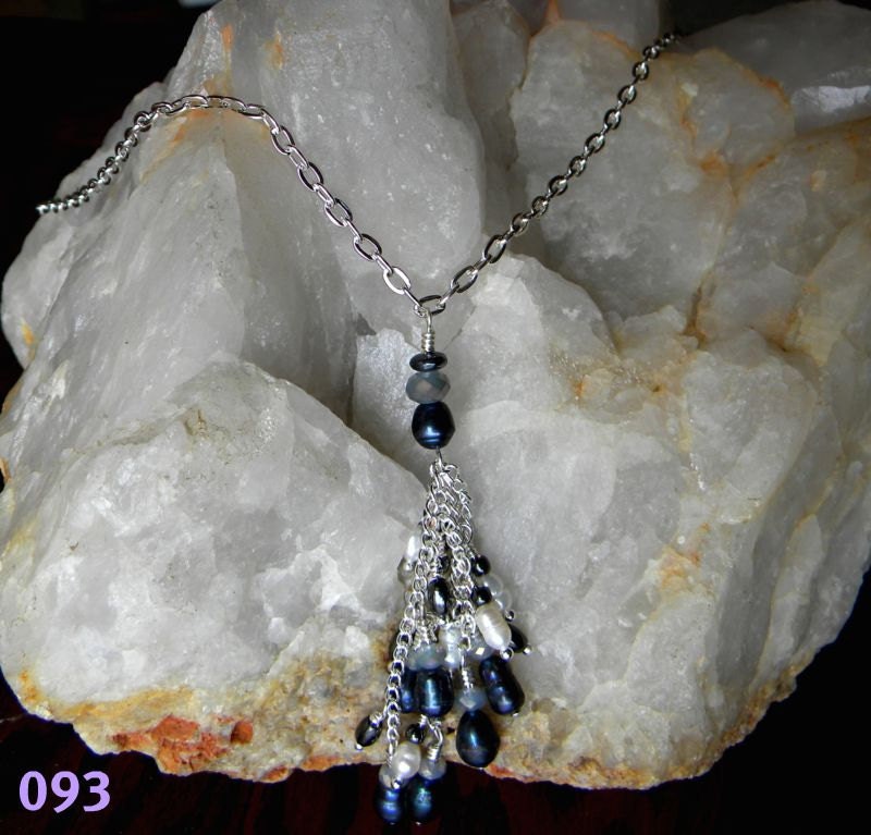 Jet and White Freshwater Pearl, Hematite, Crystal Necklace