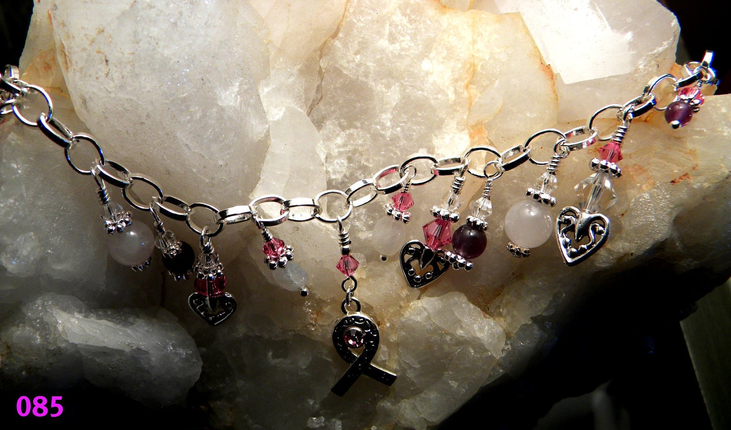 Breast Cancer Bracelet with swarovski crystals and rose quartz