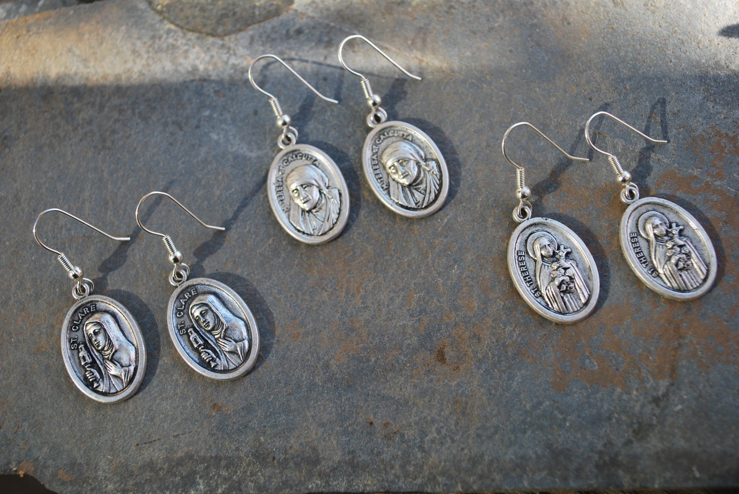 Saint Charm Earrings Carved out of Pewter