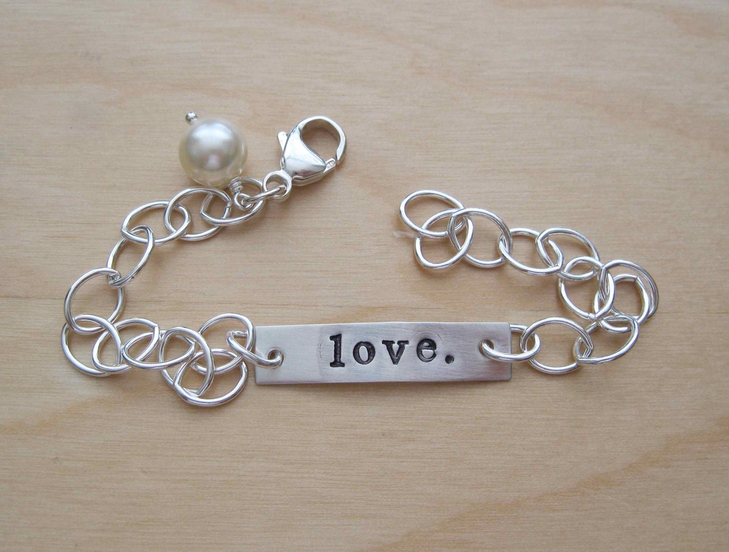 Personalized Bracelet - Hand Stamped - Sterling Silver Cable Bracelet with Rectangle Name / Word Tag - Custom Wedding Gift for Bride