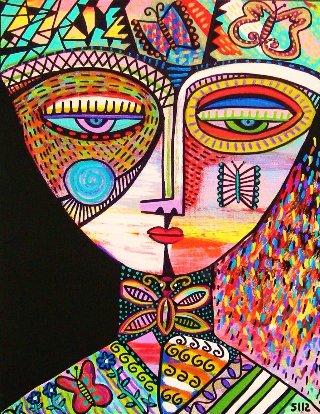 Butterfly Tribal Spirit //- SILBERZWEIG ORIGINAL Art PRINT- Folk Primative, Mexican, Ethnic, Talavera, Spiritual, Guardian, Goddess, Energy