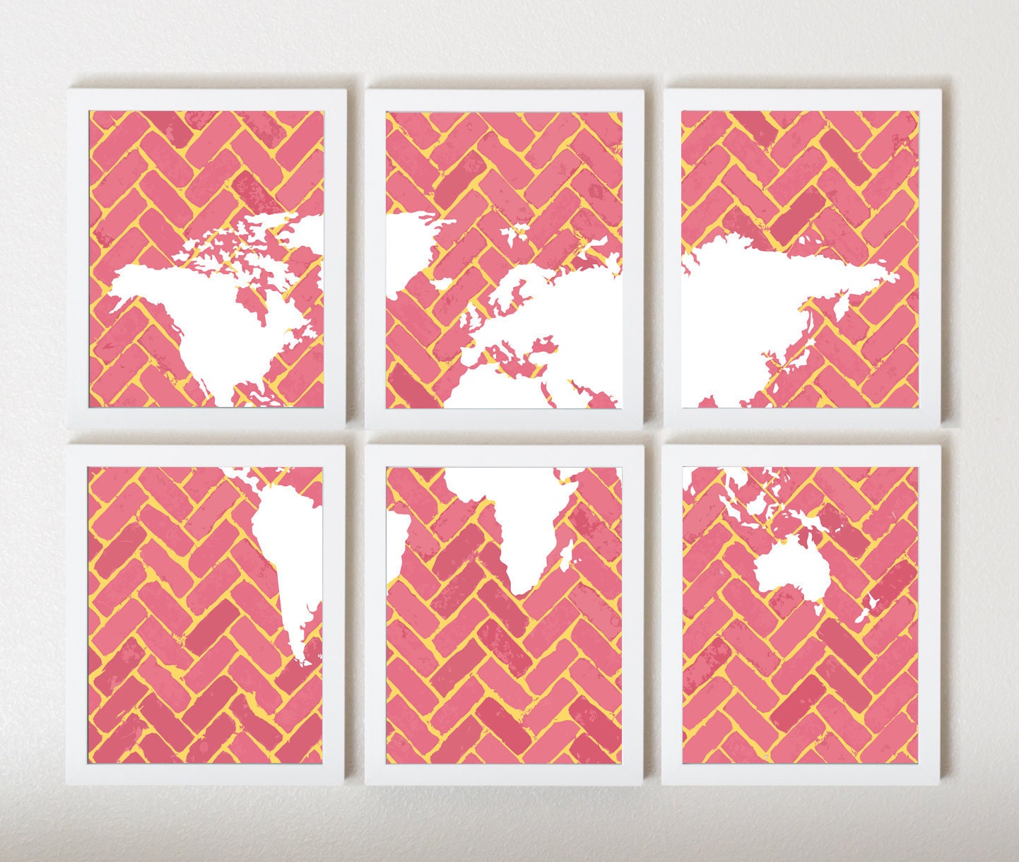 World Map on Chevron In Pink & Yellow in 6 Pieces