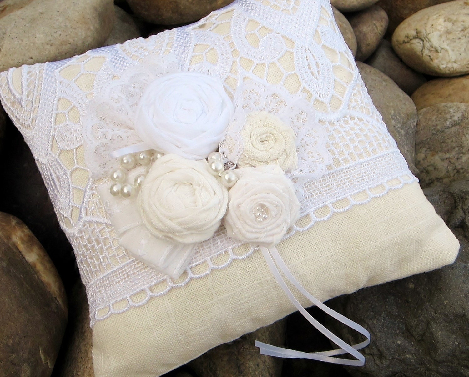 Cream and White Ring Bearer Pillow with Pearls 945