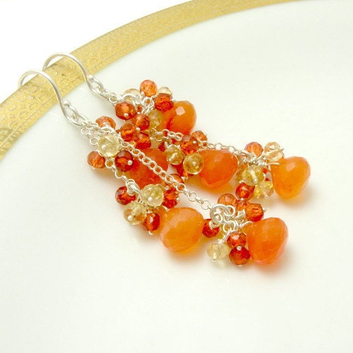 Orange long dangle earrings , gemstone earrings , birtstone jewelry , carnelian