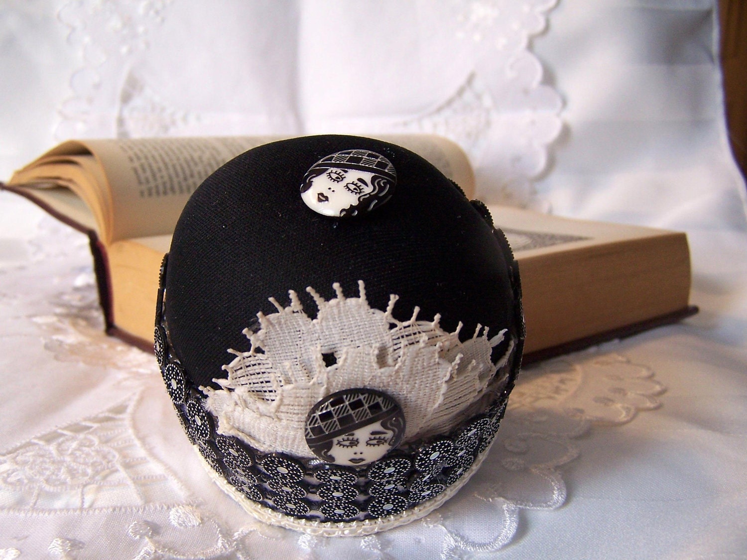 Art Deco Girl black and cream lace with fashion button herringbone pincushion or pinkeep TAGT
