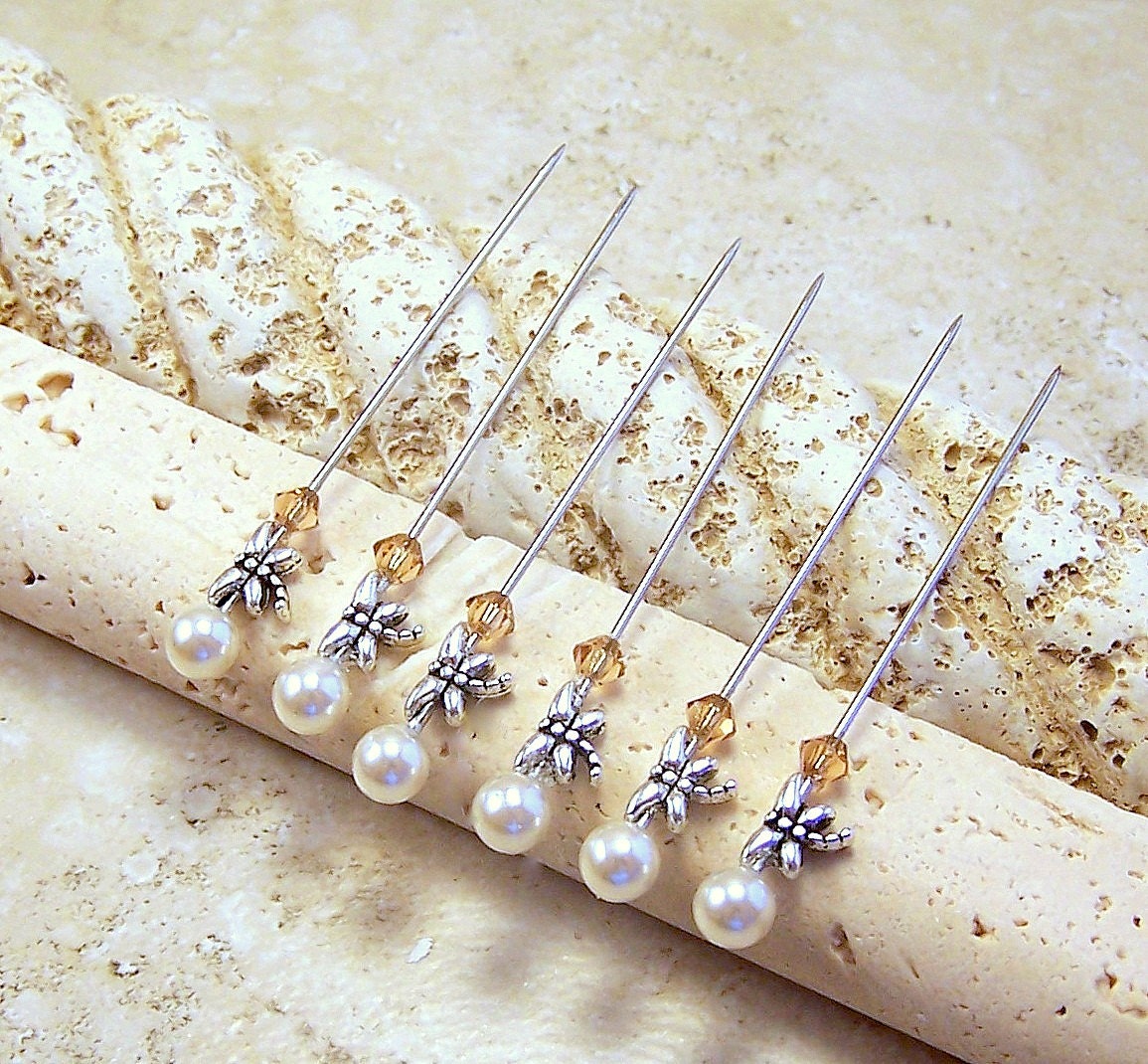 Set of 6 tiny Dragonfly decorative straight pins caramel butterscotch amber colored Swarovski gems sewing room craft room weddings TAGT tenx