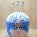 Pincushion needlecraft handpainted traditional Chinese rice bowl blue pink white Swarovski accents and decorative straight pins TAGT