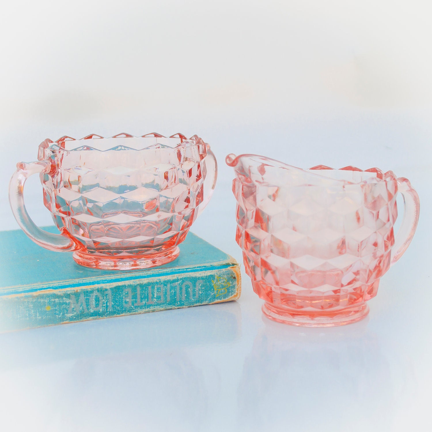 Pink Depression Glass Cream and Sugar Set by VintageUrbanBlue