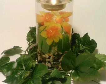 Wedding Centerpiece, Yellow Centerpiece, Orange Centerpiece, Floating Candle, Flower,  Green