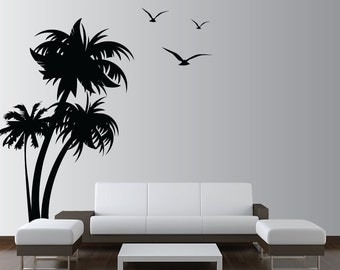 Palm Coconut Tree Wall Decal with seagull birds 3 Trees 1132 (5 feet tall)