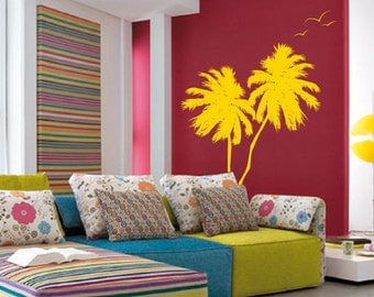Palm Coconut Tree Wall Decal with seagull birds 2 Trees 1133 (7 feet tall)