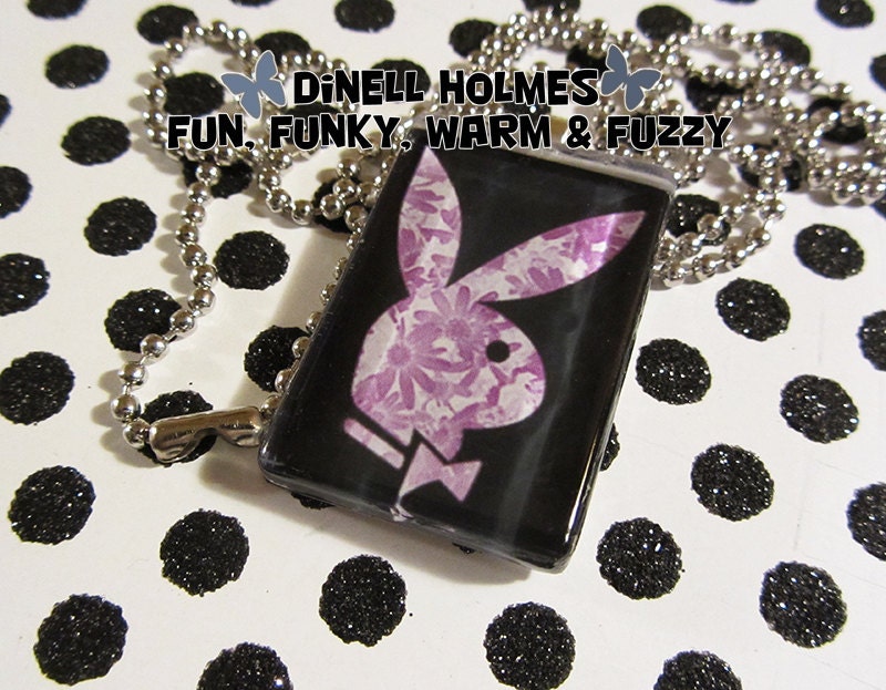 CLEARANCE SALE Playboy Bunny Glass Tile Pendant Magenta Flowers Fun Handmade Jewelry