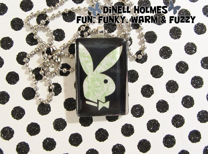 CLEARANCE SALE Playboy Bunny Glass Tile Pendant Green Flowers Fun Handmade Jewelry