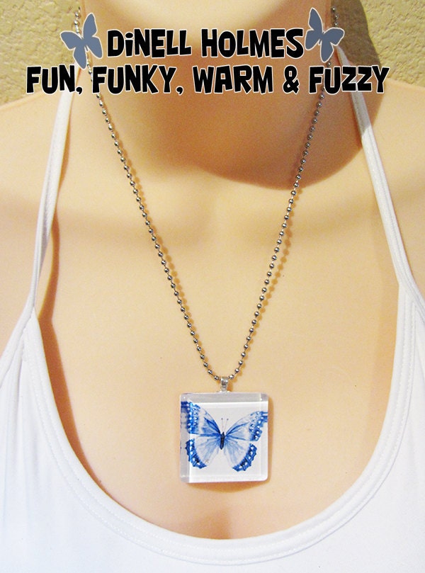 CLEARANCE SALE Blue Butterfly Glass Tile Pendant Summer Spring Jewelry Easter Nature Handmade