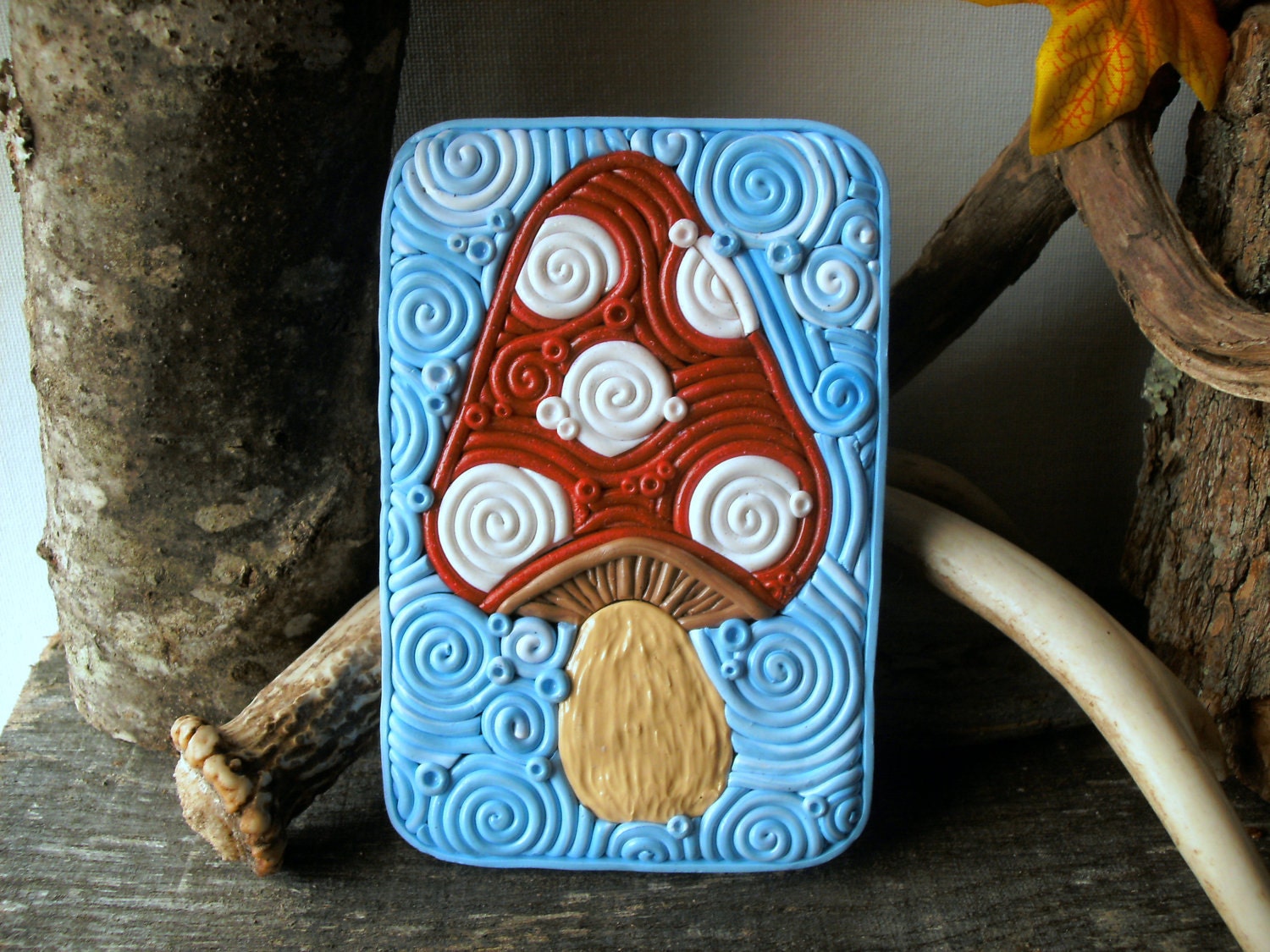 Cigarette Case or Wallet OOAK "Magic Mushroom" Metal Tin Hand-Decorated with Polymer Clay