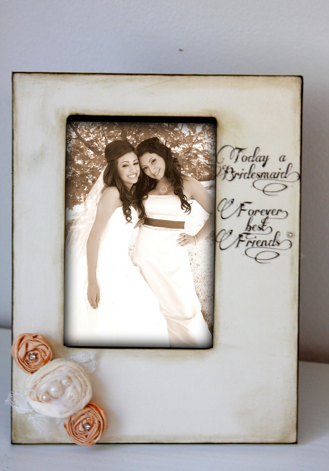 Rustic Vintage Wedding Bridesmaid Best Friend Picture Frame Keepsake 4x6 Gift Personalized Flowers Colors Diamonds Pearls