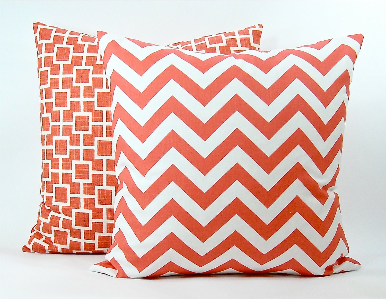 Modern "Zig Zag" Decorator Pillow Cover - Coral and White Fabric Both Sides - To cover 16", 18" or 20" Pillow Form