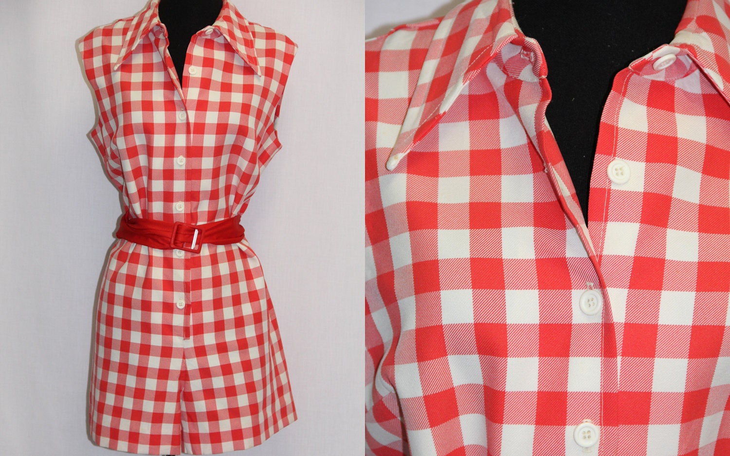 XL Vintage Romper 1960s Playsuit Red and White Checks