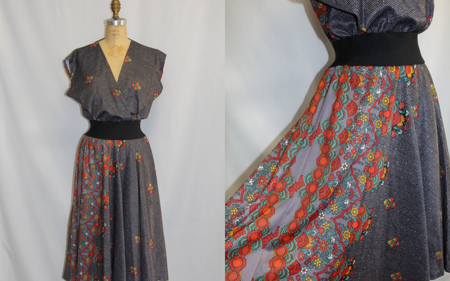 Vintage Dress LARGE - Asymmetric Floral Print