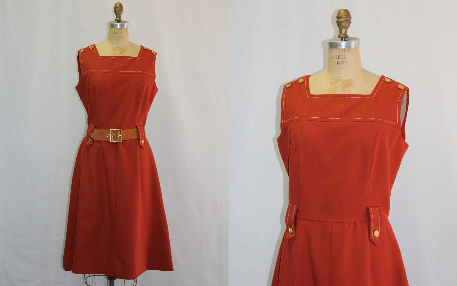 Large Vintage Dress 1970s Rust Sleeveless Layering Piece