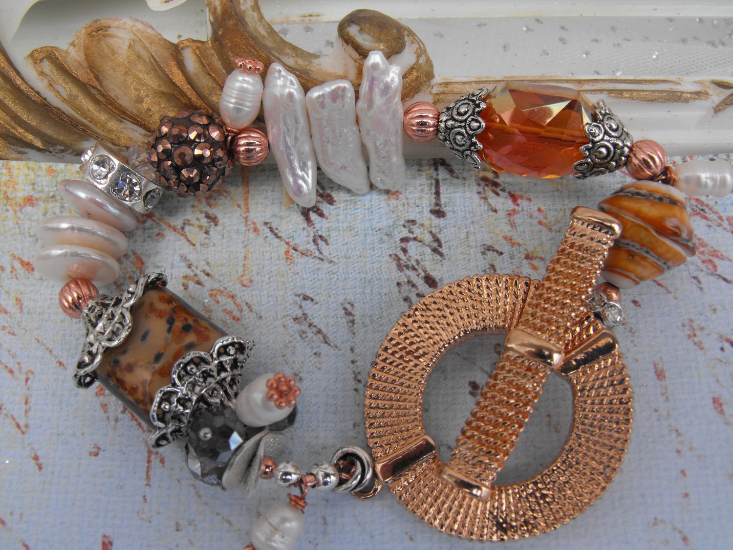 Handmade Beaded bracelet Copper, Statement Chunky