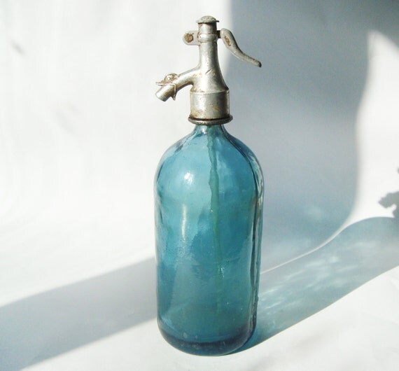 Vintage Blue Seltzer Bottle - Romanian vintage bottle with aluminium top - made in Sibiu