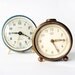 Set of two soviet non working Clocks - russian Vityaz and Ruhla vintage alarm mechanical clocks- blue and gold alarm clocks