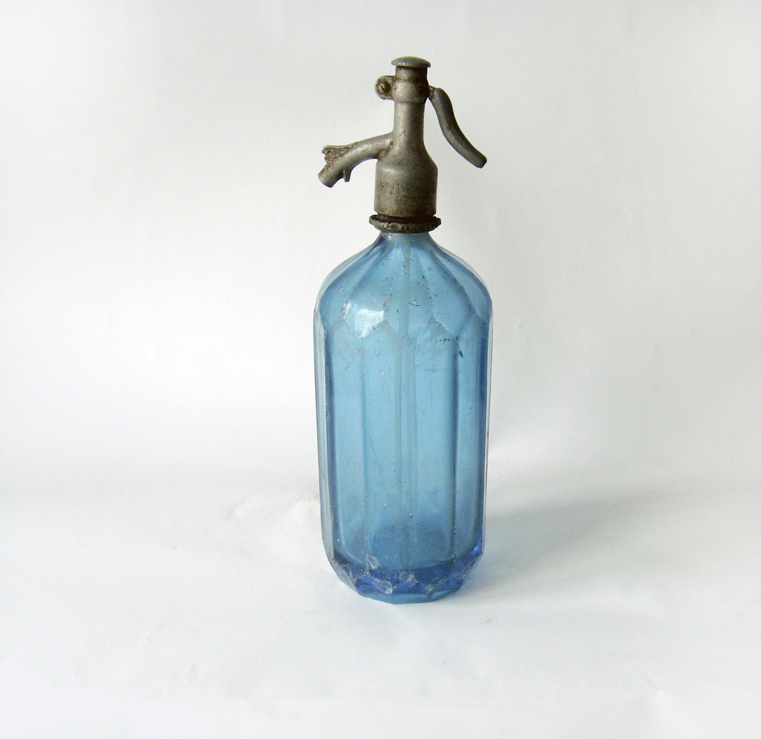 Vintage Blue Green Seltzer Bottle - craked glass light blue Romanian vintage bottle with aluminium top made in Ploiesti - blue home decor